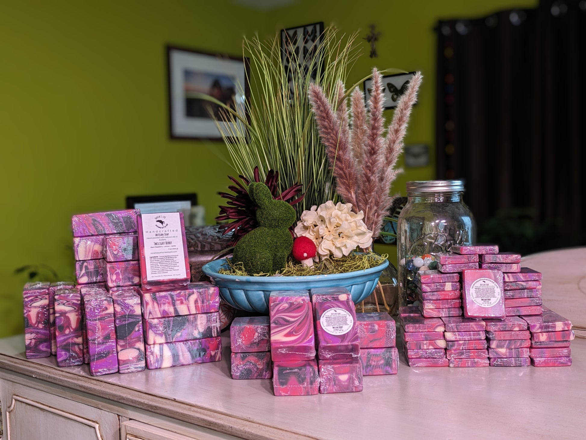 Swirled Artisan Soap in Twilight Berry scent with notes of black raspberry, lemon, and vanilla.