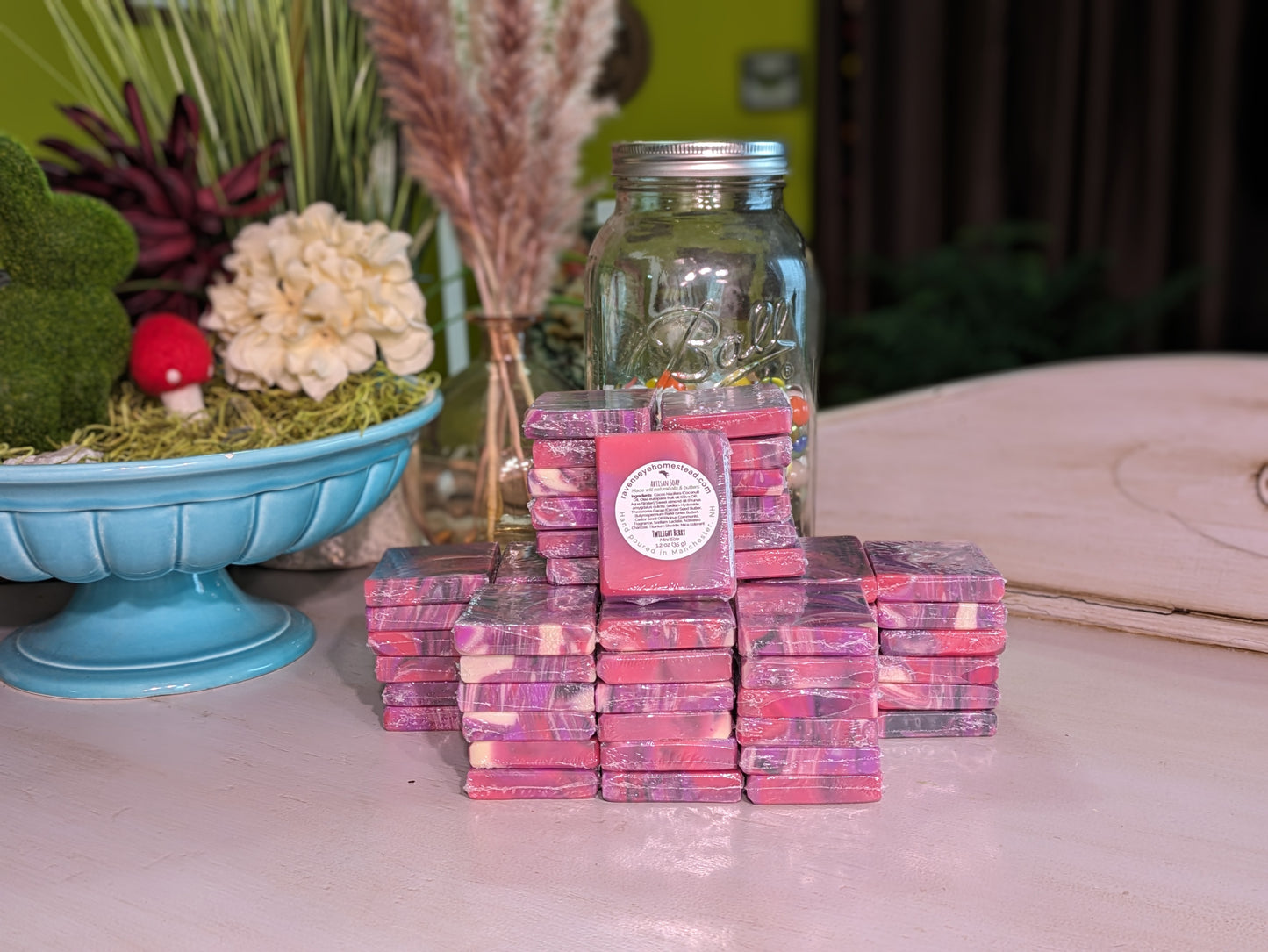 Swirled Artisan Soap in Twilight Berry scent with notes of black raspberry, lemon, and vanilla.