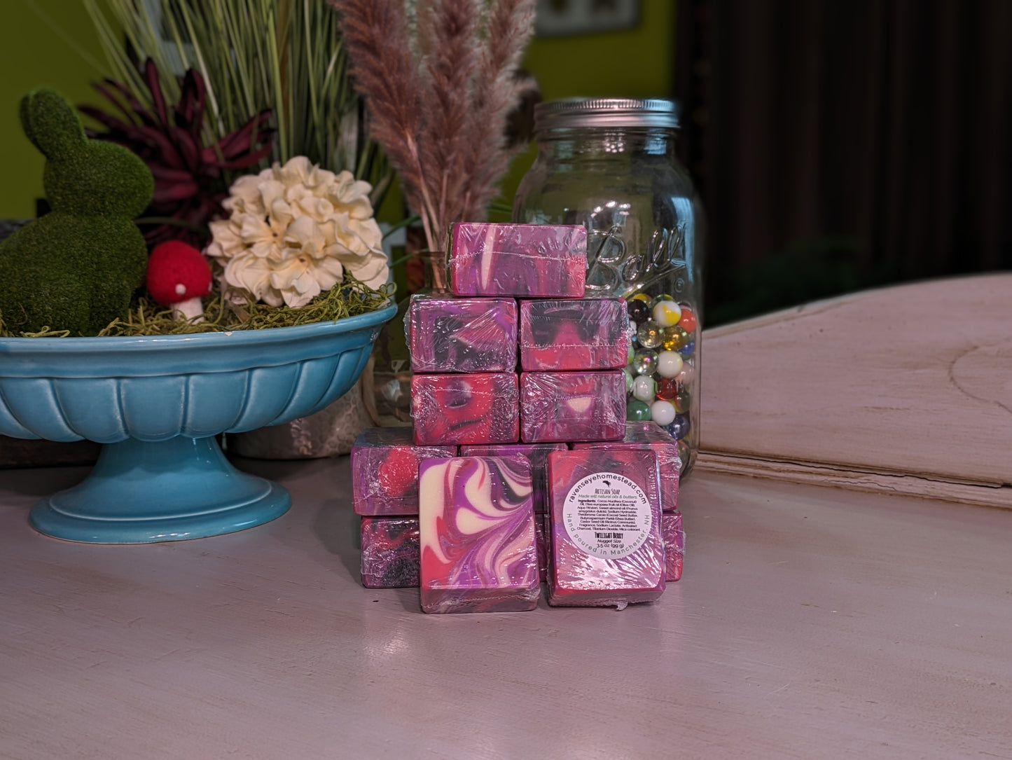 Swirled Artisan Soap in Twilight Berry scent with notes of black raspberry, lemon, and vanilla.